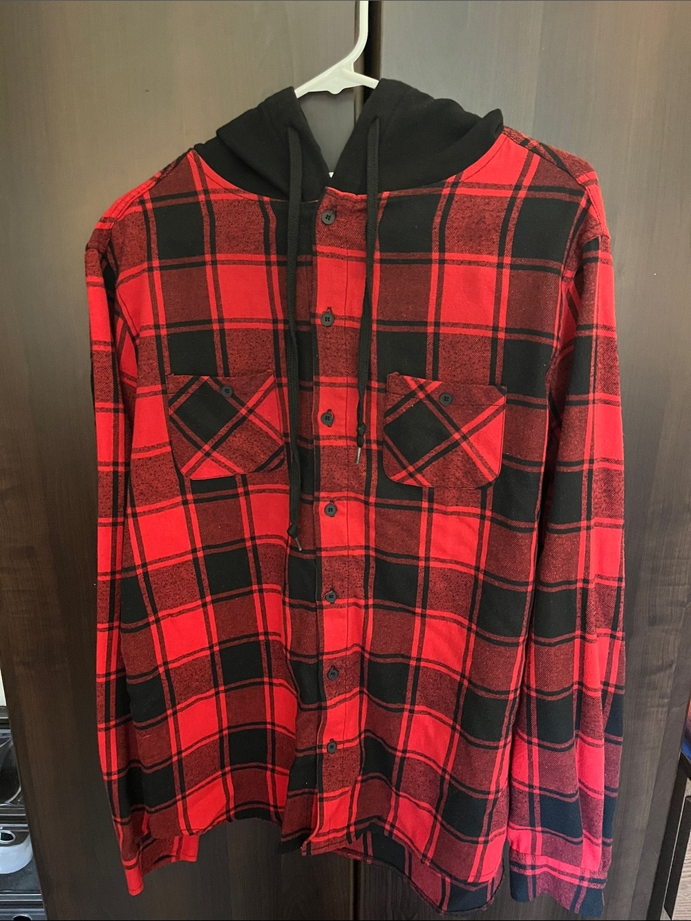 Red and Black Plaid Hooded Flannel Shirt